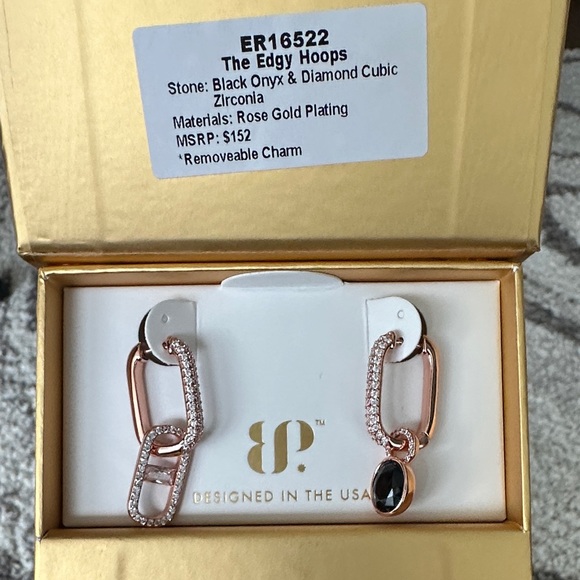 BP Rose Gold Plated Hoops with Black Onyx and Diamond Cubic Zirconia - Picture 2 of 7